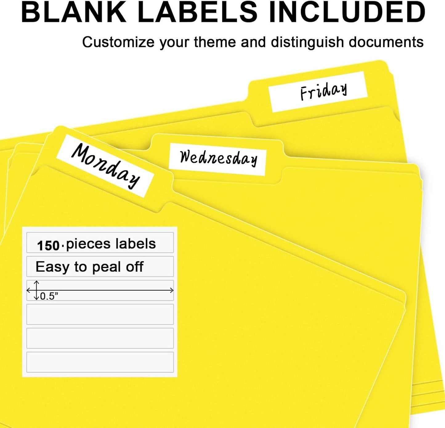 File Folder, RAZCC 150 Pack 1/3 Cut Tab File Folders Letter Size, Yellow, Folders with Tab, Great for Organizing and Easy File Storage