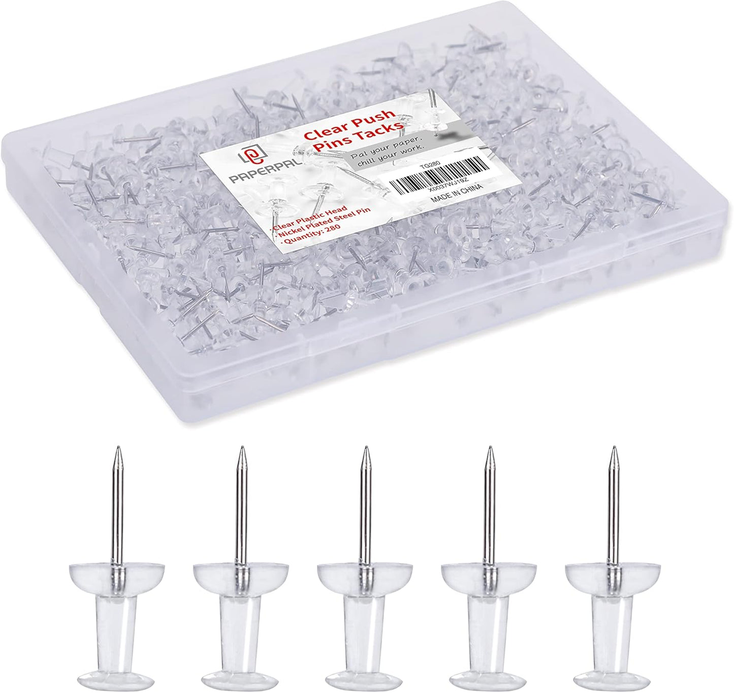 PAPERPAL 280 Clear Push Pins for Cork Board, Clear Thumb Tacks for Wall Hangings, Pushpins for Office School & Personal Use, Standard Size Push Pin Tacks