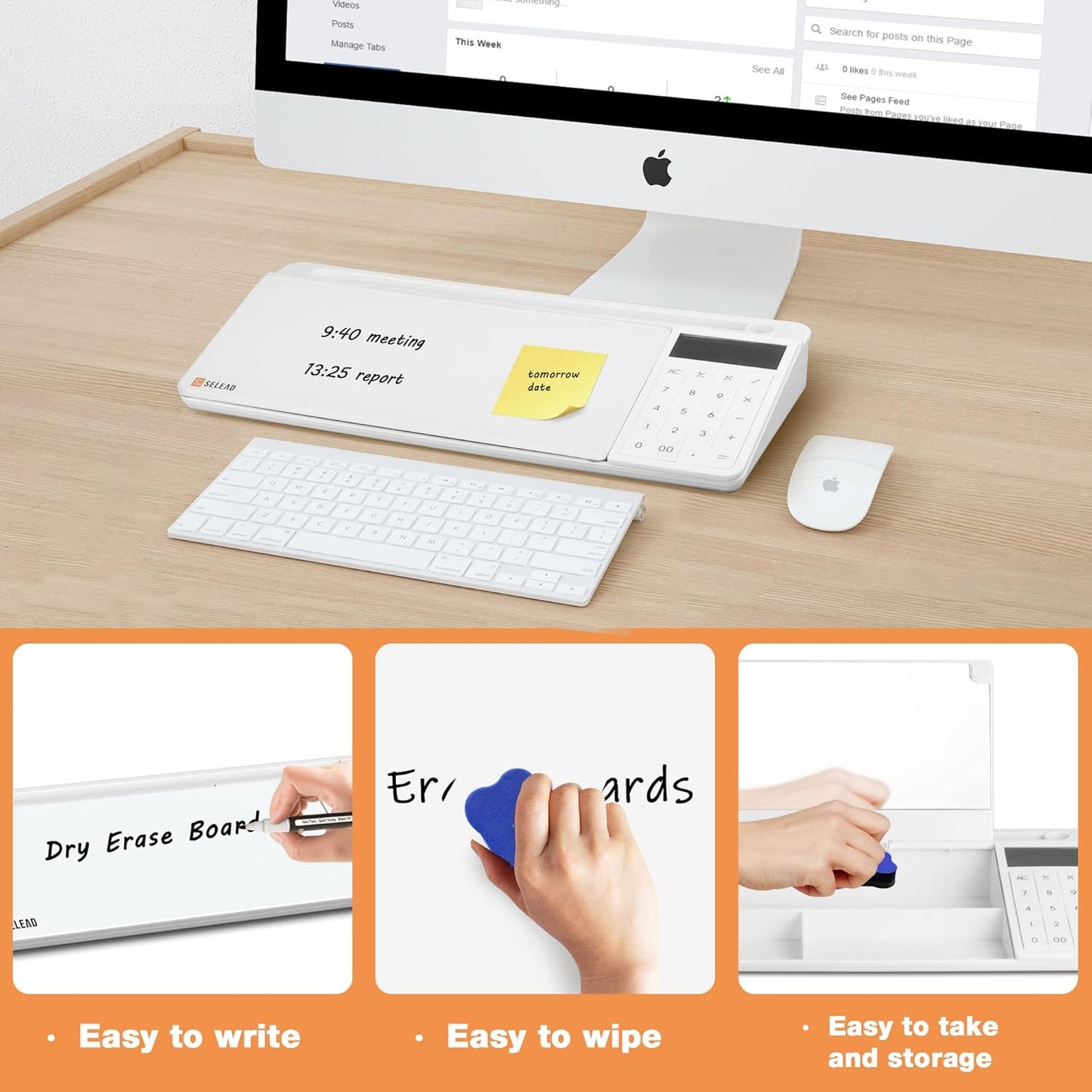 SELEAD Desktop Glass Whiteboard with Calculator & Built-in Mirror, Dry Erase White Board Computer Pad Keyboard Stand with Organizer Drawer, Desk Accessories for Home, School, Office