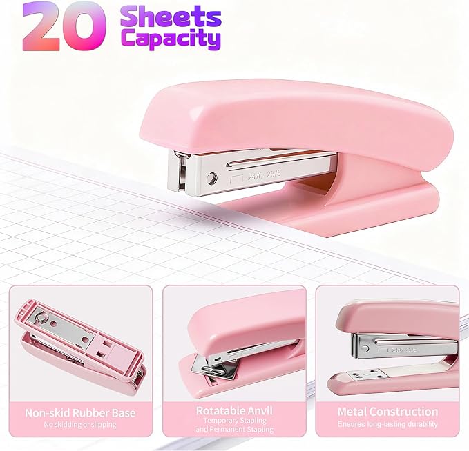 10pcs Office Clerks Staff Desk Accessories, Pink Office Supplies Set for Women, Desk Organizer with Stapler, Staple Remover, Tape Dispenser, Tape, 360° Pen Holder, Scissor, Ruler, Ballpoint Pen, Clips