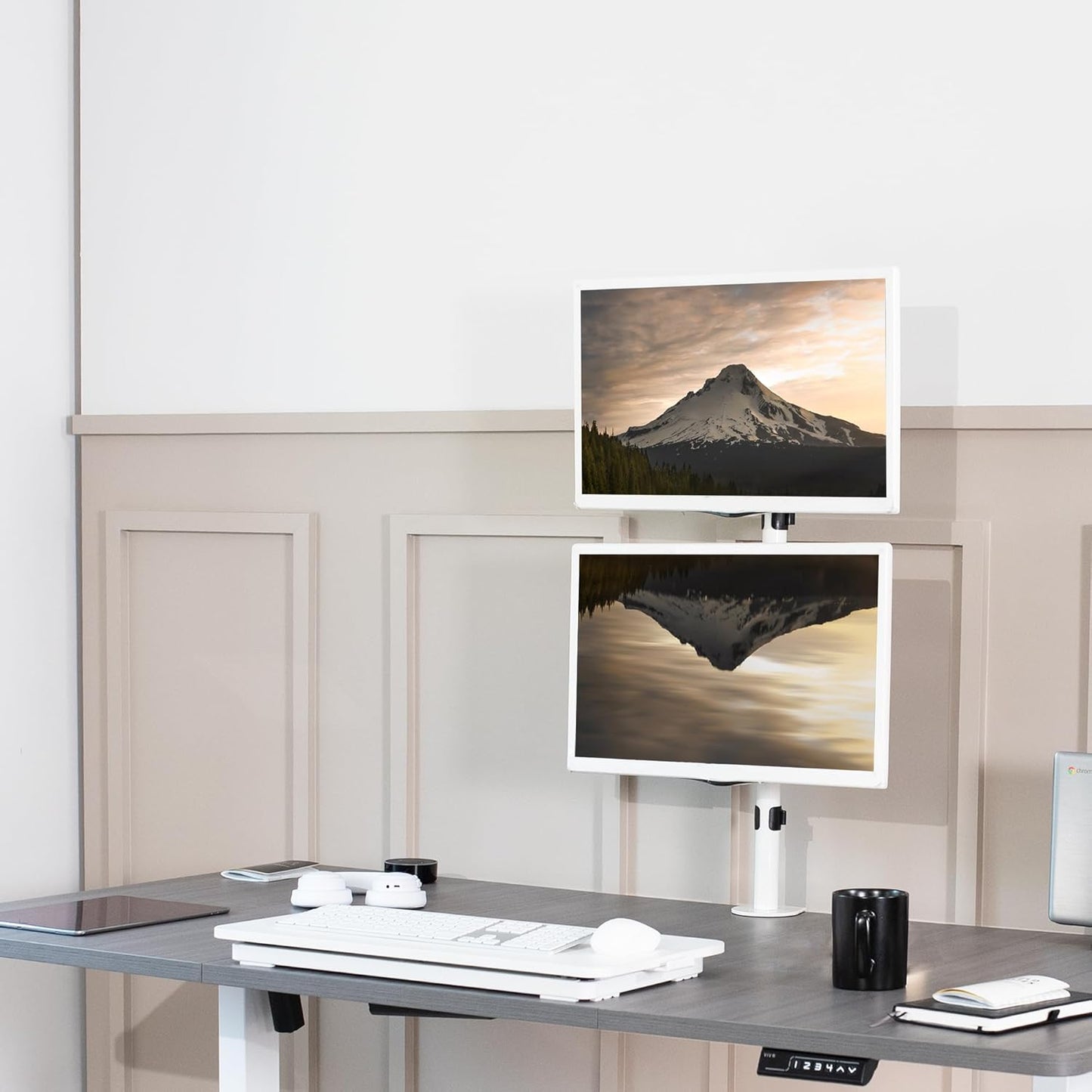 VIVO Dual Vertically Stacked LCD Monitor Desk Mount, Extra Tall Heavy Duty Adjustable Stand for 2 Ultrawide Screens up to 34 inches, 22 lbs Capacity, White, STAND-V002TW