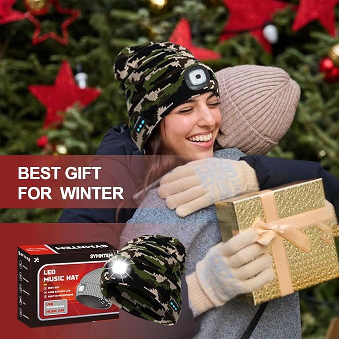 Gifts for Men, Rechargeable Bluetooth Music Unisex Beanie Hat with Light, Stocking Stuffers for Women, Birthday Gifts for Men, for Him, Camouflage