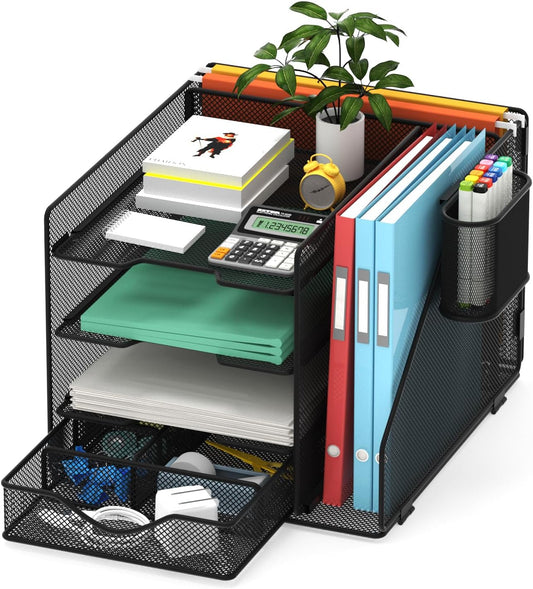 Desk Organizer with Hanging File Holder, Paper Letter Tray Organizer with Drawer and Pen Holder, Mesh Desktop Organizer and Storage for Office Supplies(Black)