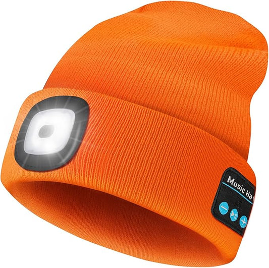 Gifts for Men, Rechargeable Bluetooth Music Unisex Beanie Hat with Light, Stocking Stuffers for Women, Birthday Gifts for Men, for Him, Orange