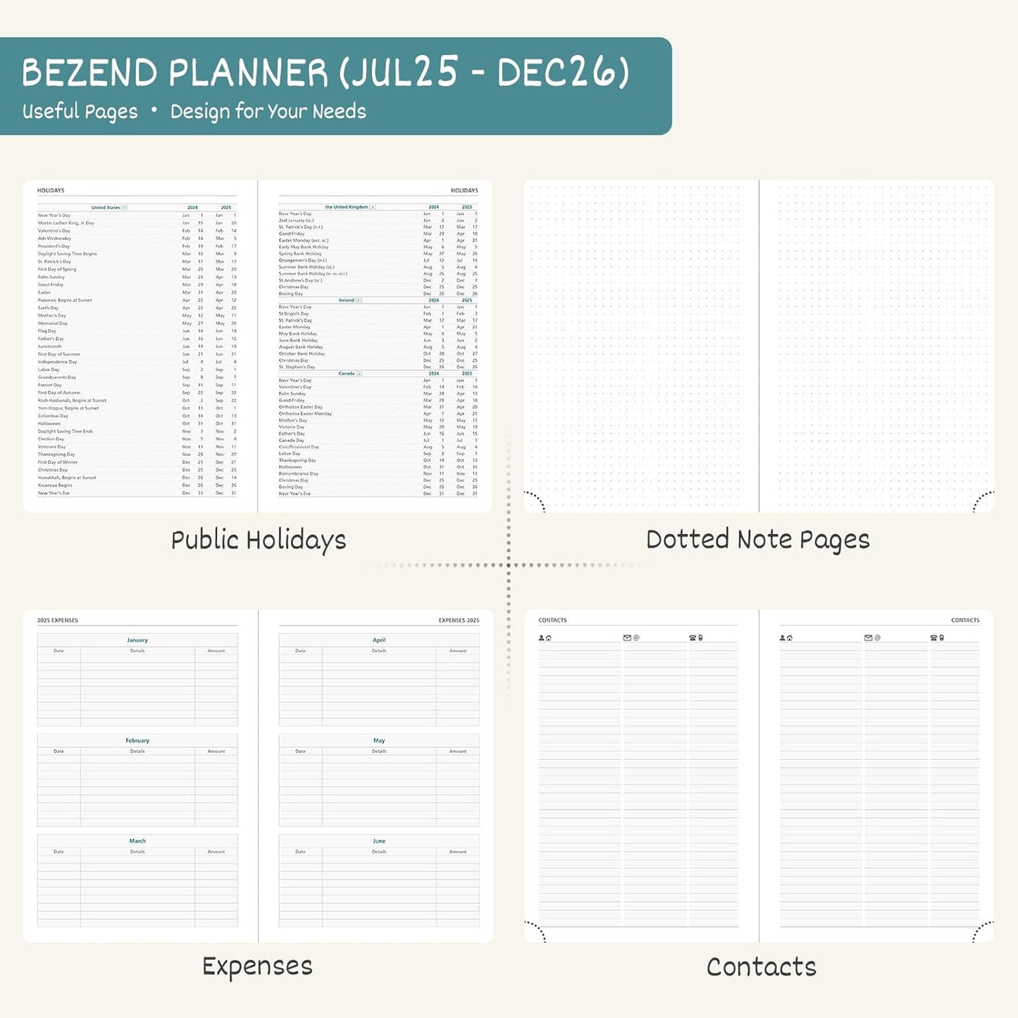 BEZEND Planner 2025-2026 Weekly and Monthly, 5.8" x 8.5" Academic Calendar (Jul 25-Dec 26) Vertical Daily Appointment with Hourly Timeslot & Monthly Tab, PU Leather Hardcover - Turquoise