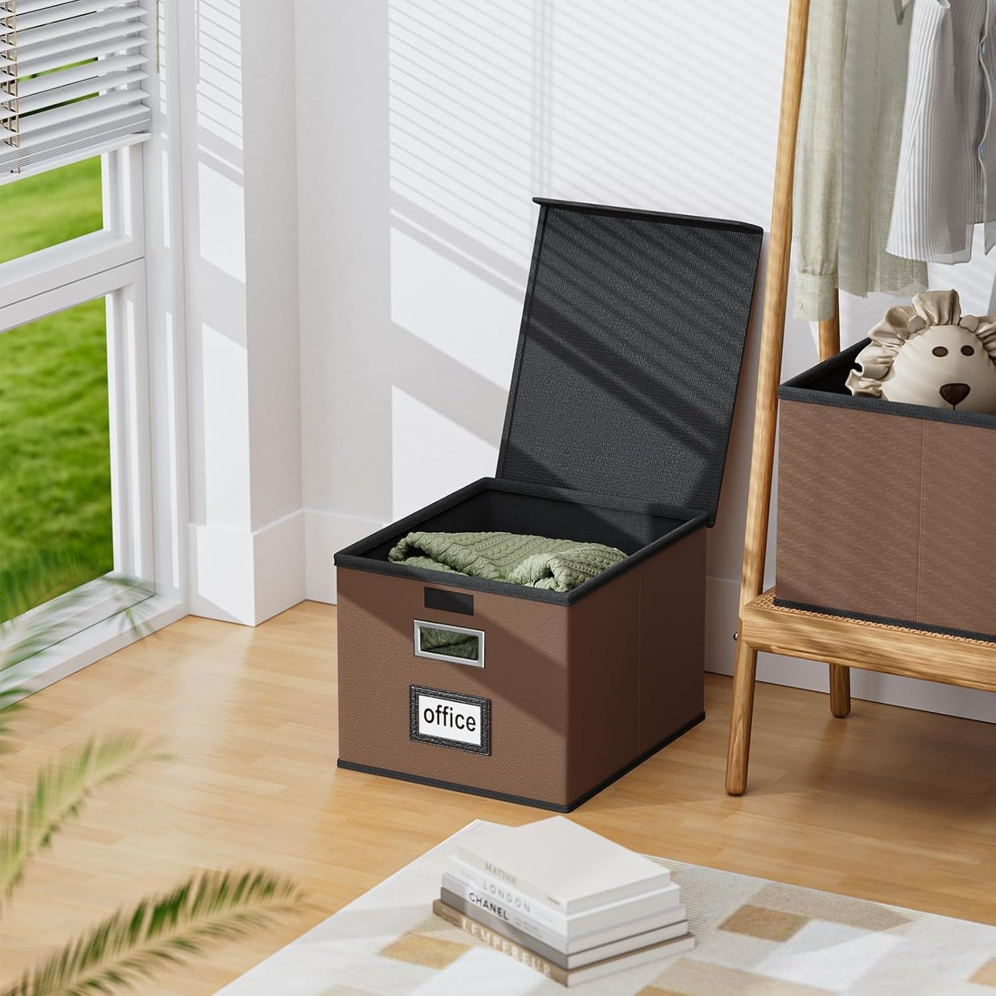 Huolewa File Organizer Box with Lid, Collapsible Leather File Folder Organizer for Office Document Storage, Filing Box with Plastic Slide for Letter/Legal Size Hanging Files, Dark Brown, 4 pack