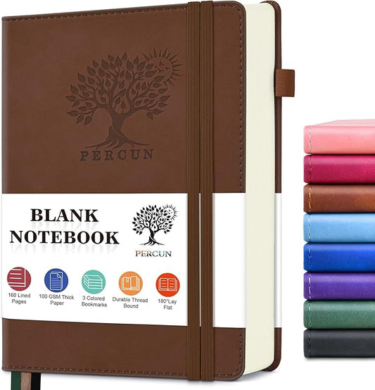 PERCUN Blank Journal Ntebook for Men & Women, 160 Pages Blank Journals for Writing, Drawing,Sketch Book,5.9" x 8.5" Leather Sketchbook, Unlined Notebook for Work, School, Art - Brown