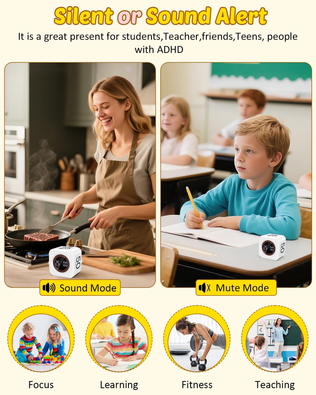 Pomodoro Timer Cube Visual Productivity Flip Timer for Kids Classroom Desk, 5/10/25/50min& Custom Countdown, Silent&Sound Mode Digital Cube for ADHD Study Work School Game Kitchen (White)