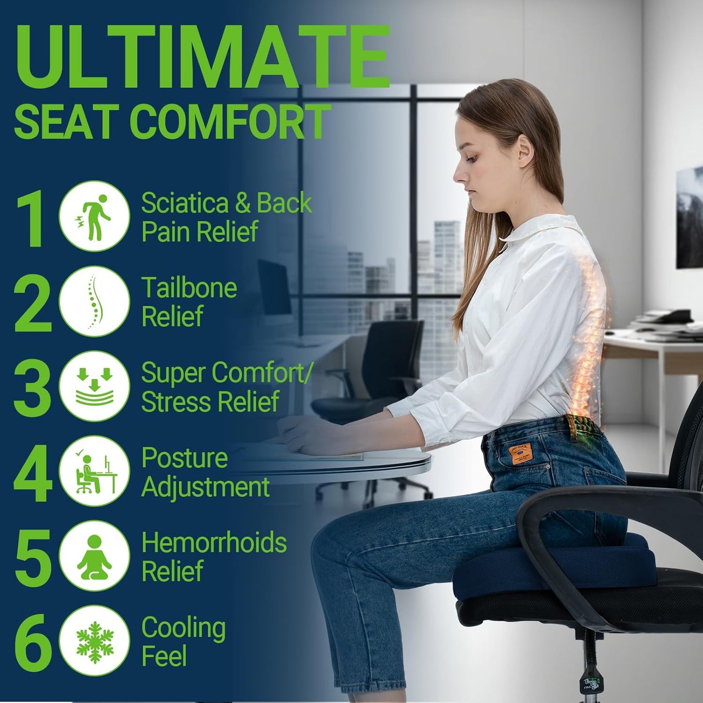 Gel Seat Cushion for Car Office - Memory Foam Pain Relief Chair Pillow Cushions - Tailbone Sciatica Coccyx Butt Lumbar Support Pad for Sitting Driving Traveling, Mesh, Blue