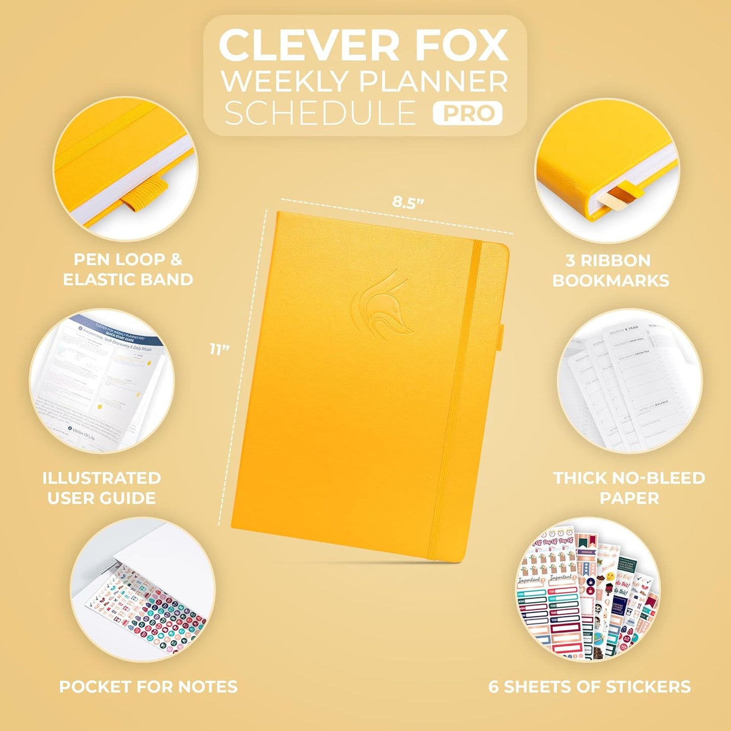 Clever Fox Planner PRO Schedule – Undated Weekly & Monthly Life Planner with Time Slots, Appointment Book & Daily Organizer, A4 (Amber Yellow)