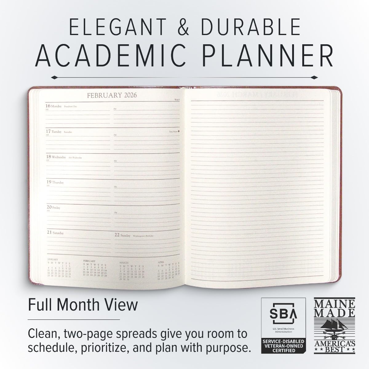 Gallery Leather Academic Planner 2025-2026, Teacher and Student Weekly Monthly Planner, Elegantly Bound Calendar with Gold-Gilded Page Edges, 18 Months - Acadia Hope - 9x7"