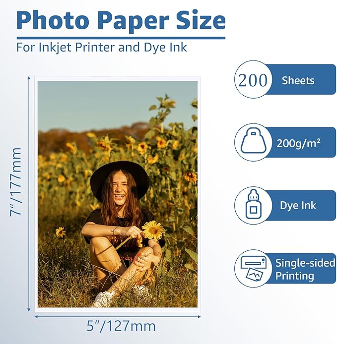 ZBEIVAN 5x7 Photo Paper, Glossy Photo Papers 200 Sheets, 5 x 7 Inkjet Printer Photo Paper for Dye Ink, 200 GSM