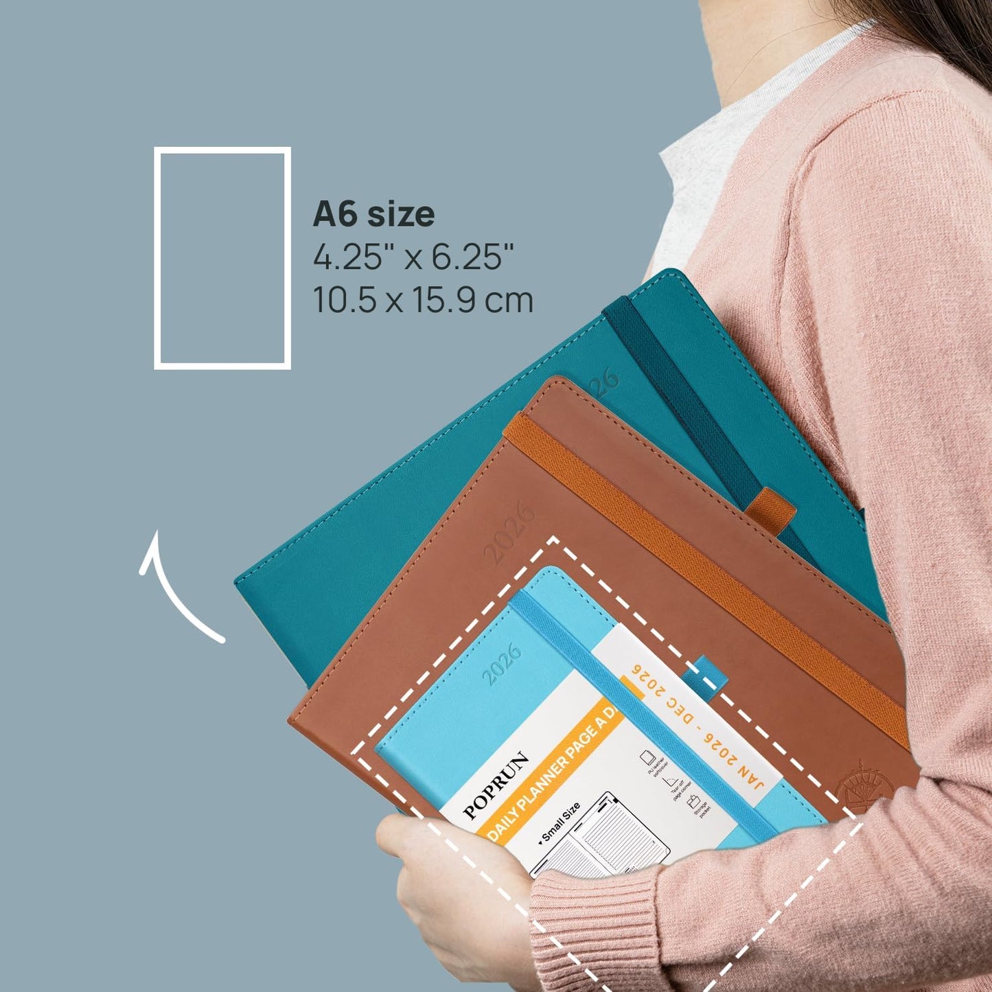 POPRUN Daily Planner 2026 (Jan - Dec), (Purse Size-4.25" x 6.25") 2026 Daily Calendar with One Page Per Day Even Weekends, Hourly Appointment Book with Pocket, PU Leather Softcover - Night Sky Blue