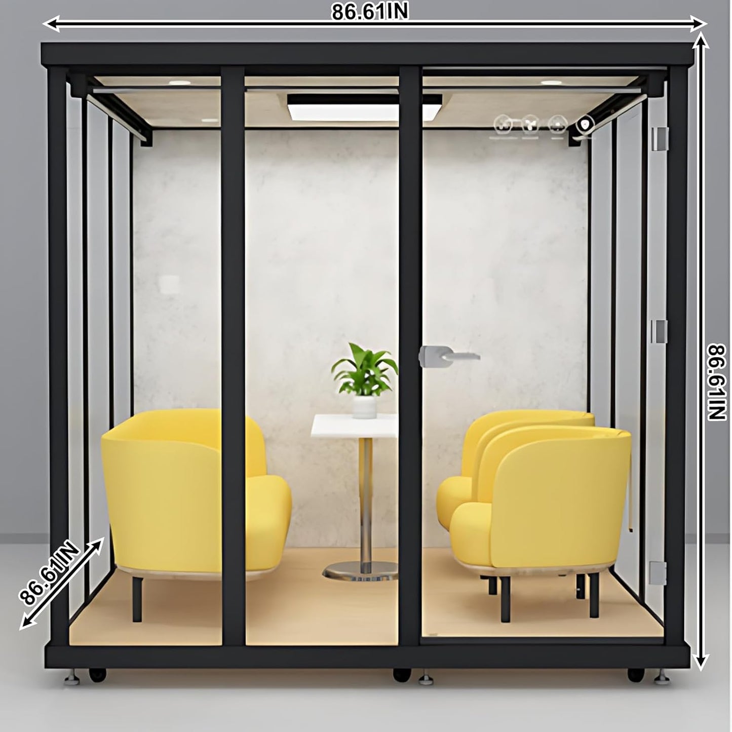 Office Sound Booth with Audio Privacy - Modern Soundproof Booth Includes Black Transparent Glass Design,Freestanding Office Room with Light, Fans,Casters for Negotiation,Meeting(86.61IN)