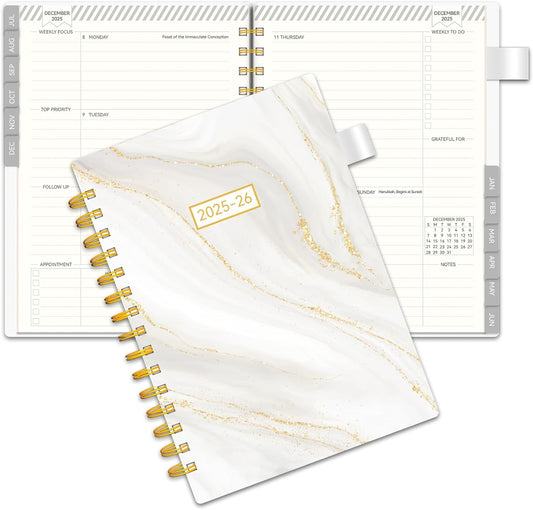 Planner 2025-2026, Weekly and Monthly Planners run from Jul.2025 - Jun.2026, AIMPEAK Calendar Planner with Monthly Tabs, White Marble, 5.5"x8.5"