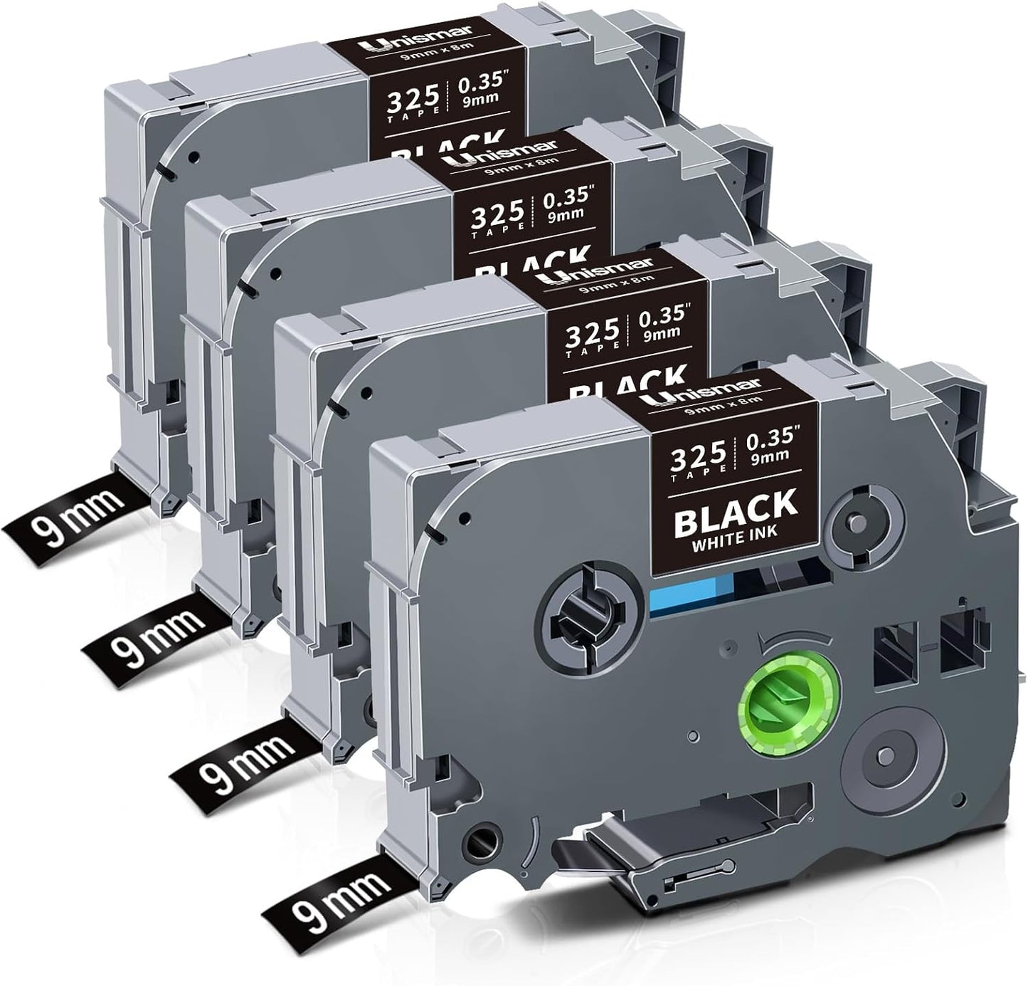 Unismar TZe-325 Compatible for Brother Ptouch 9mm 0.35 Laminated White on Black Label Tape TZ325 TZ Tape Work for Label Maker PTD220 PTD200 PTD210 PTD400 PTH100 PTH110 PT1280, 3/8'' x 26.2', 4-Pack