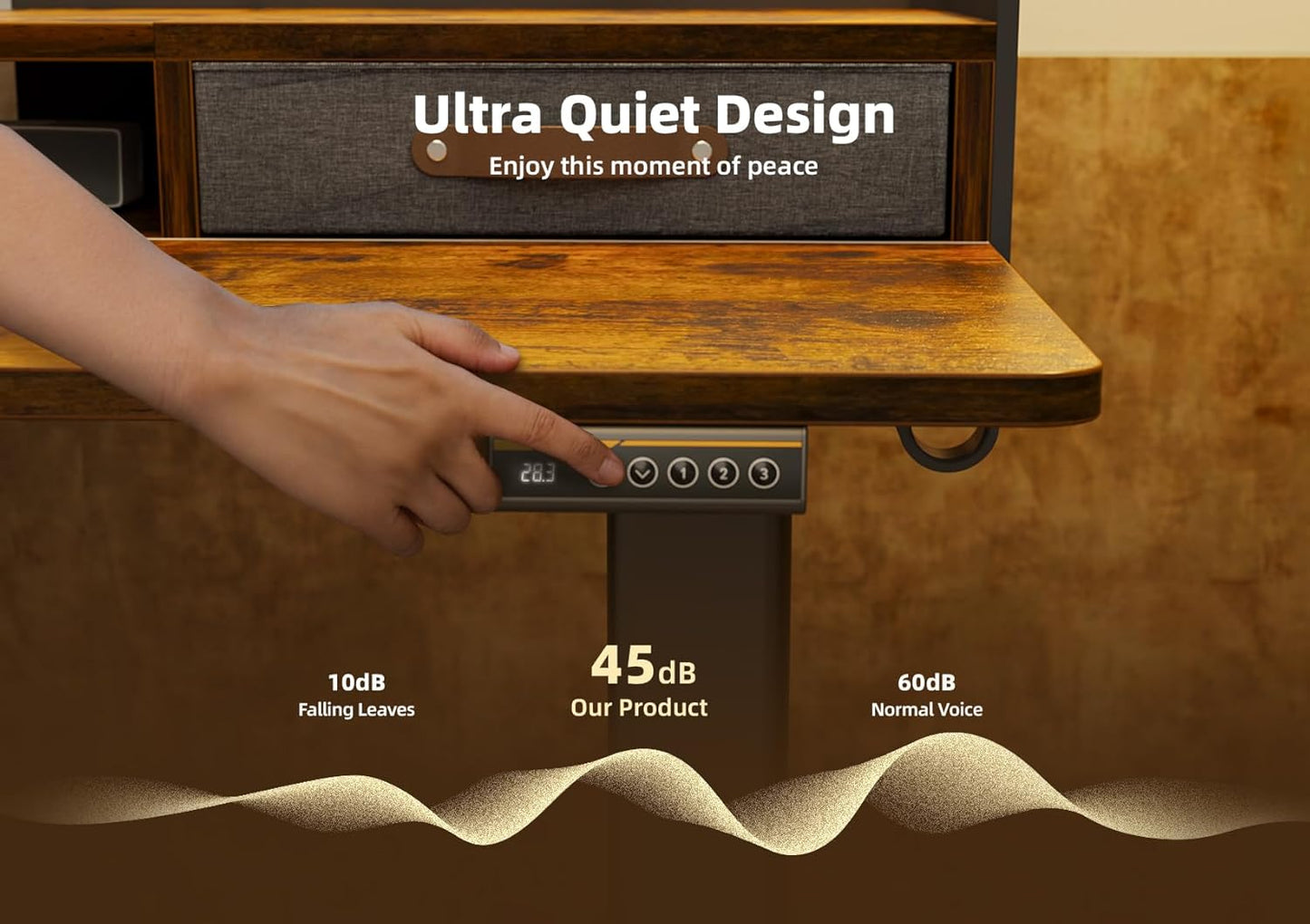 YDN Rustic Brown 2-Tier Adjustable Electric Standing Desk, 48 inch, Modern Design with 2 Drawers, Felt Fence, Hook, for Office