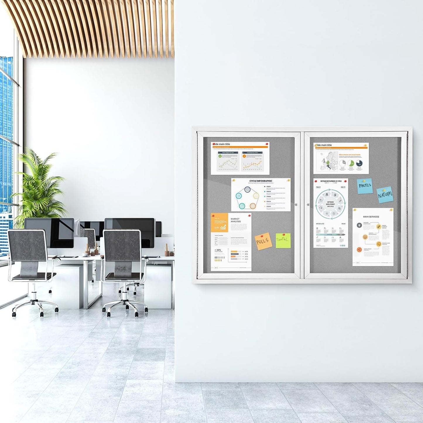 Outdoor Bulletin Board Weatherproof 48x36 in,Enclosed Bulletin Board with Locking Door, Wall Display Case for Office School Home Commercial, Silver Aluminum Frame, Gery Felt