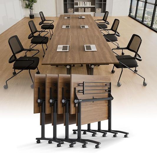 Conference Room Table with Silent Wheels, Mobile Folding Conference Table for 16 Person,Flip Top Office Training Tables with Walnuts Wood Tabletop, for School,Business Meeting Rooms (4 Pack 61in)