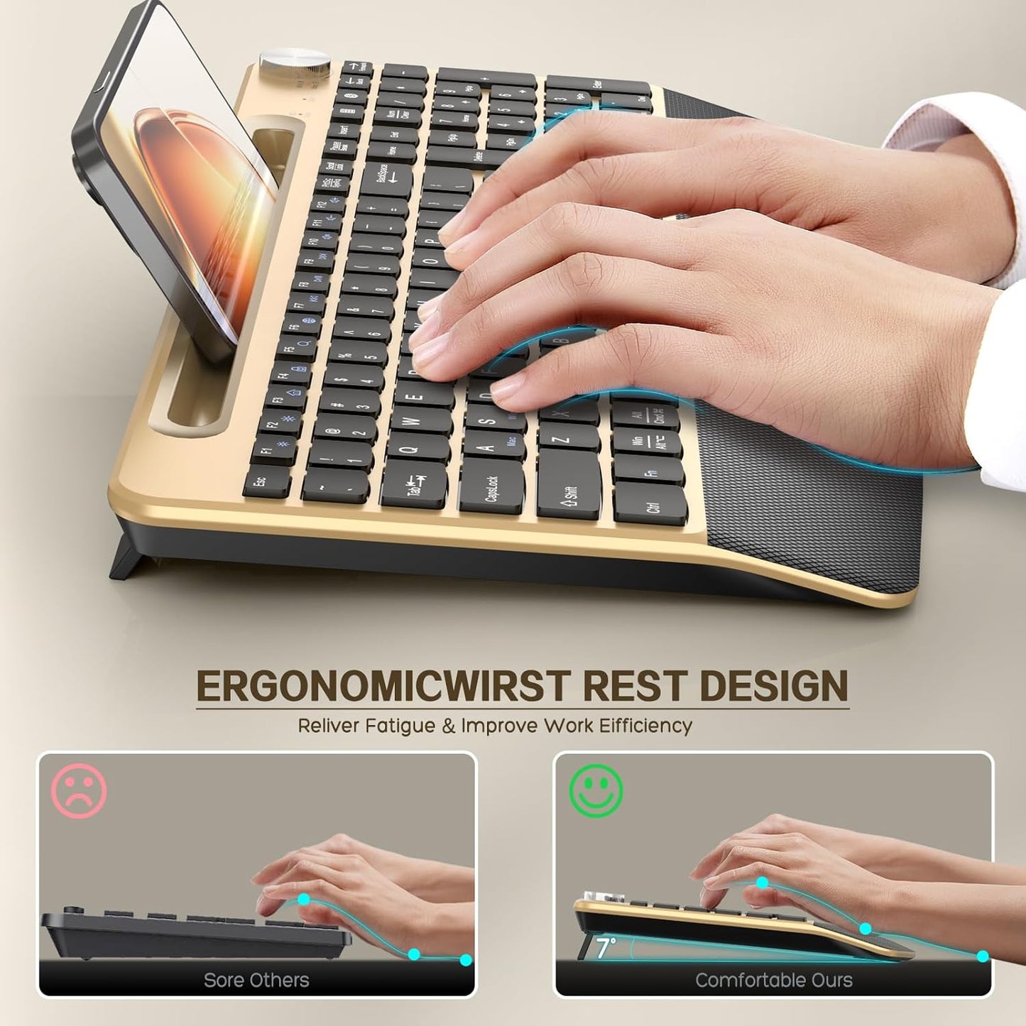 Ergonomic Wireless Keyboard with Wrist Rest-Low-Profile,Phone/Tablet Holder,Quiet Design，Windows & Mac OS，Full Size Cordless USB Computer Keyboard for Desktop,Laptop, PC, Mac, Windows-Gold