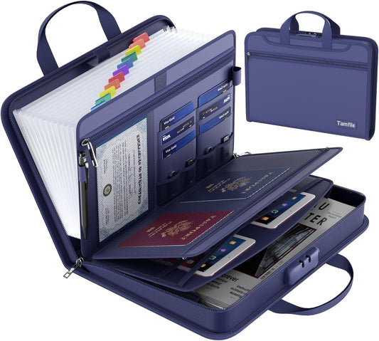 5200℉ Fireproof Accordion File Organizer with Lock, Thickened Document Organizer 13 Pocket with Zipper & Labels, Important Document Organizer, Expanding File Folder with Handle for Letter A4 (Blue)