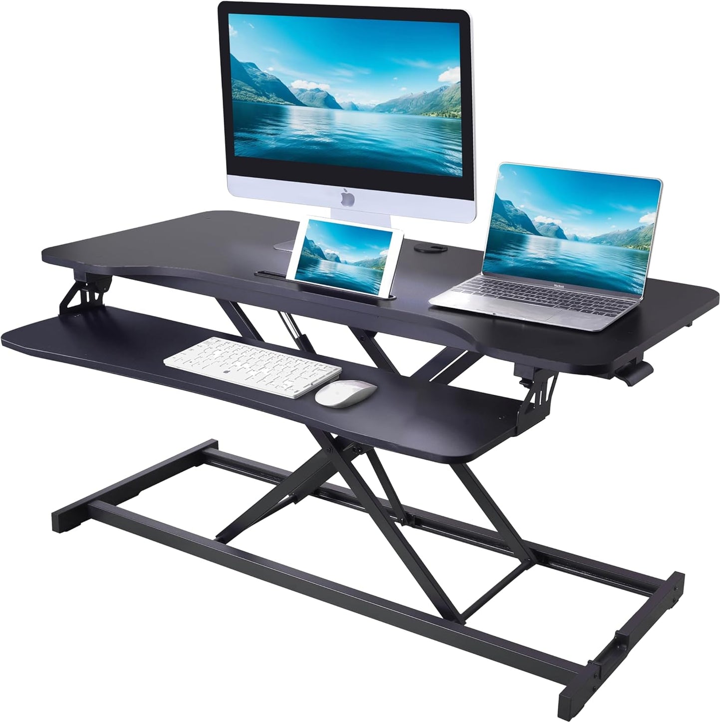 Rocelco 43" Height Adjustable Standing Desk Converter with Anti Fatigue Floor Mat - Tall Stand Up Tabletop Riser and Tablet Slot - Computer Workstation - Deep Keyboard Tray - Black (R VADRB-43-MAFM)
