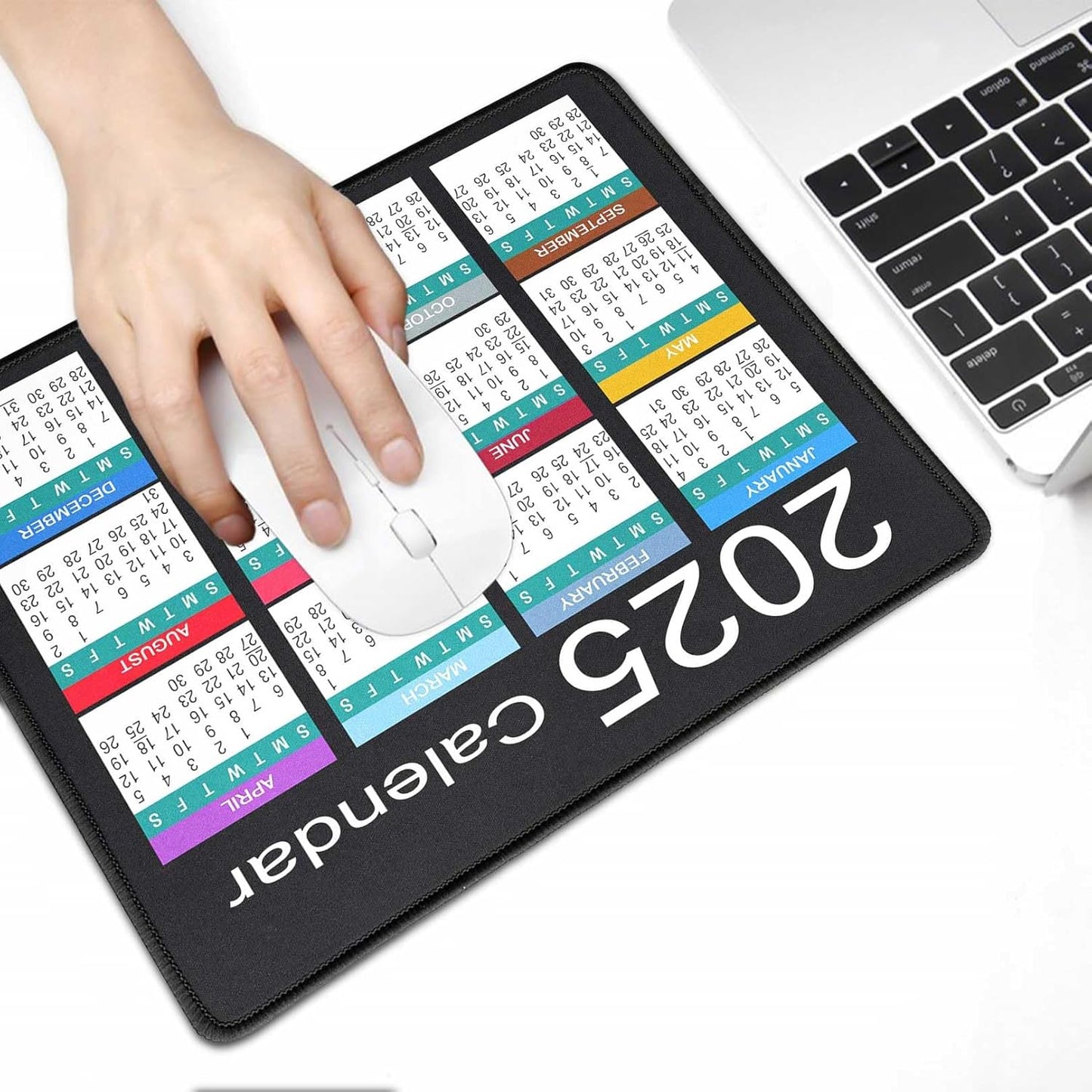 Mouse Pad with Non-Slip Rubber Base, Waterproof Computer Mousepad with Stitched Edges, Mouse Pads for Computers, Laptop, Gaming, Office & Home, 9.5 x 7.8 in (2025 Calendar White)