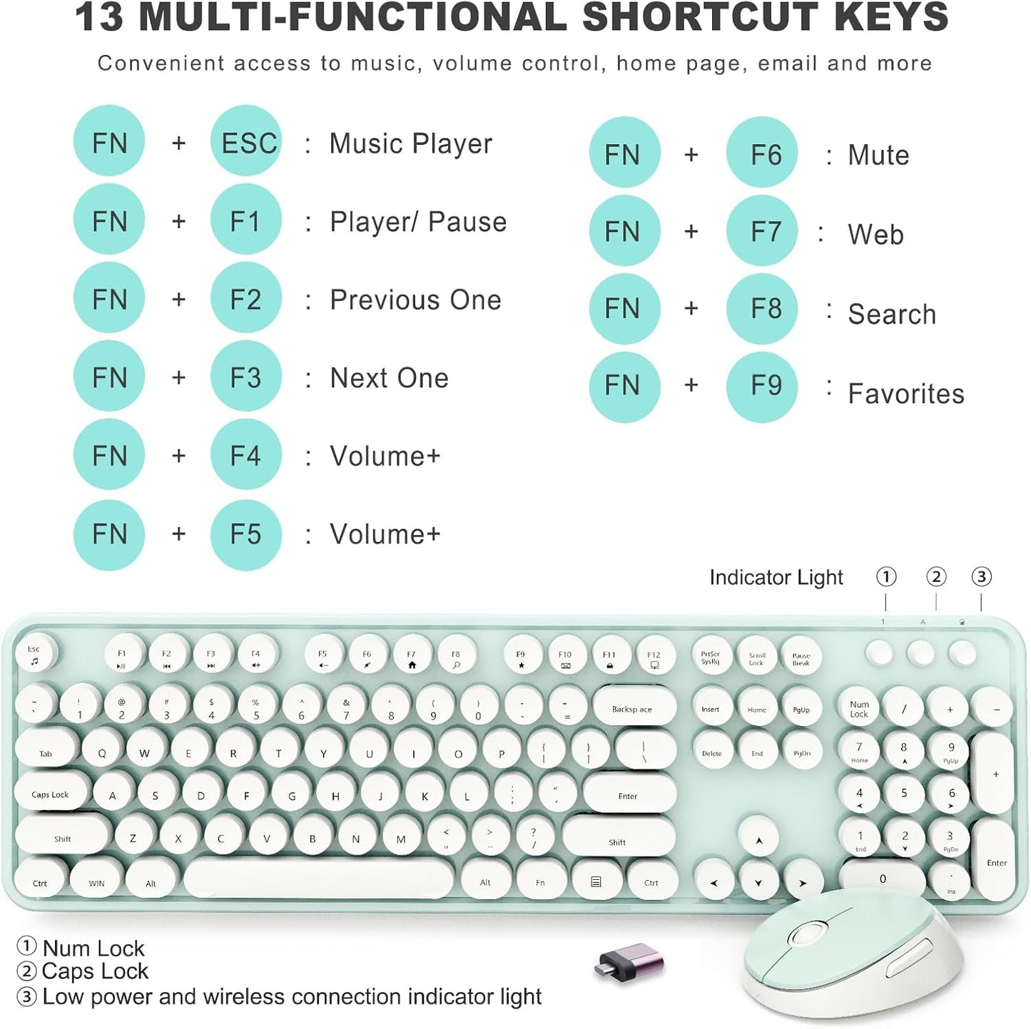 Wireless Keyboard and Mouse Combo, Ergonomic Full Size Typewriter Retro Round Keycaps Keyboard, Compatible with Windows, PC, Perfer for Home and Office Keyboards（Green）