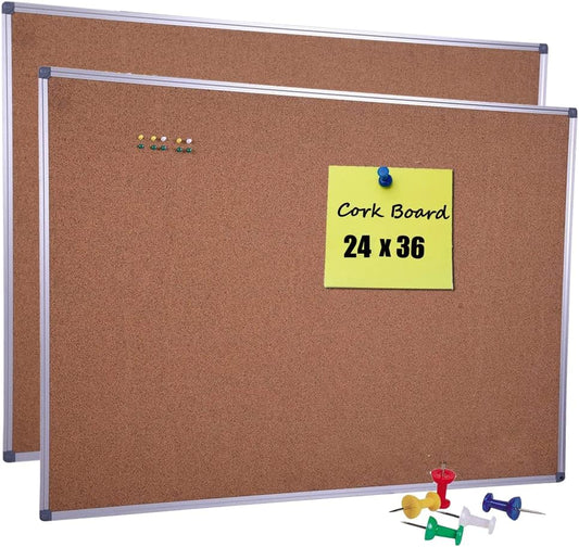 2-Pack 36 x 24 Inch Cork Board Bulletin Notice Board Message Memo Pin Board for Home Office School, Silver Aluminum Frame