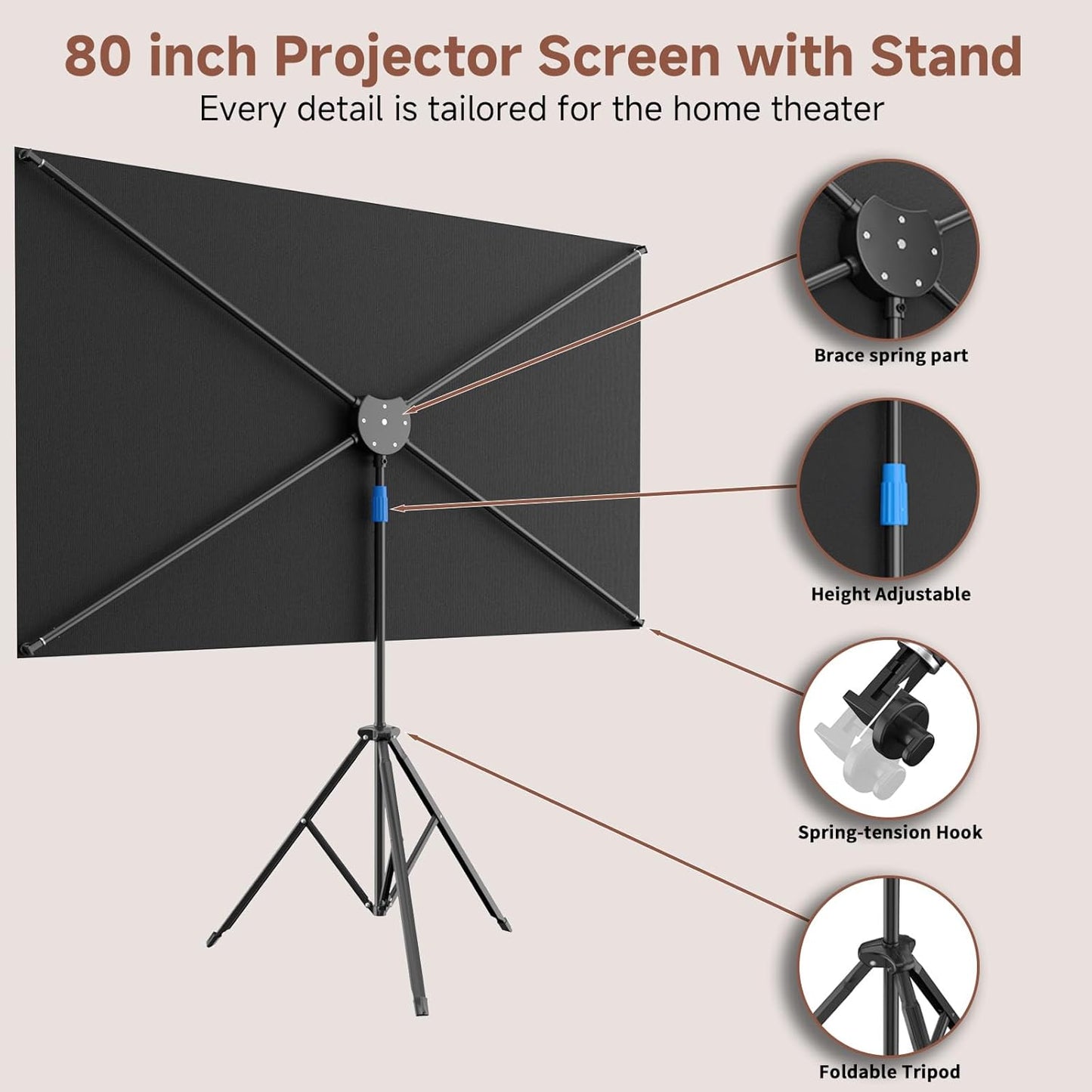 Projector Screen with Stand, 80 Inch Portable Projector Screen Outdoor Indoor, 1.2 Gain Fiberglass Projection Screen, 16:9 Outdoor Movie PVC Screen with Carrying Bag for Movie Night (Grey Screen)