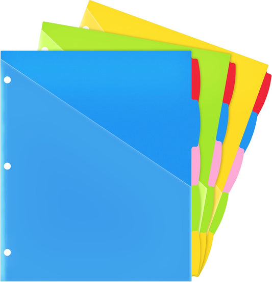 WOT I Durable 5-Tab Binder Dividers with Clear Pocket - 3 Sets, Reusable Plastic Dividers for 3 Ring Binder, 5 Vibrant Colors, Tear-Resistant, Total 15 Tabs (School & Office Supplies)