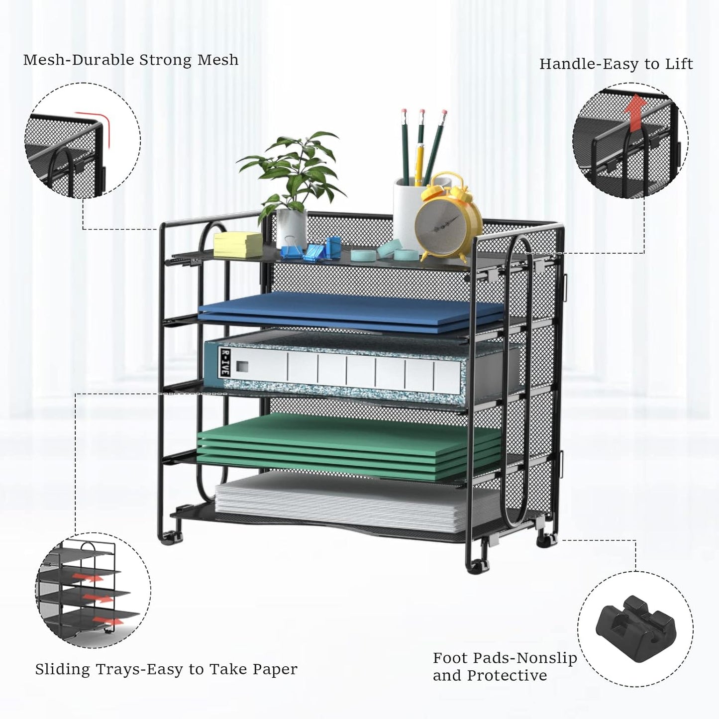 Letter Tray Paper Organizer, 5 Tier Desk Organizers Black Mesh Stackable Paper File Holder for Home Office, Document Shelves and Sorter 13.4Lx9Wx12.6H inches