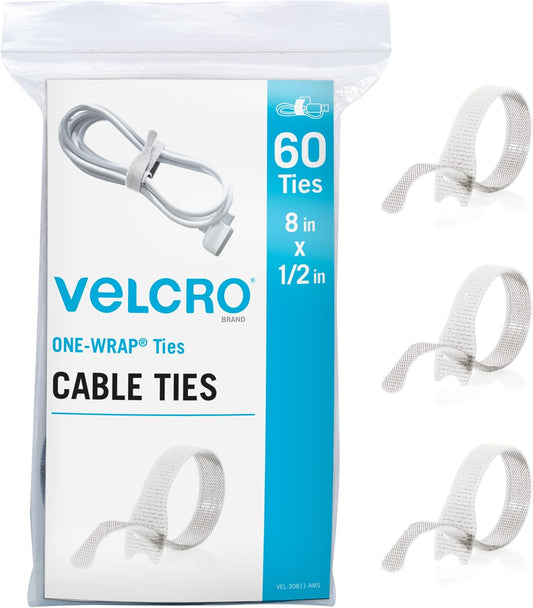 VELCRO Brand White Cable Ties Heavy Duty | 60Pc Bulk Pack | 8 x 1/2" ONE-WRAP Straps | Strong Reusable Wire Management | Cord Bundling for Home Office and Data Centers (Packaging May Vary)