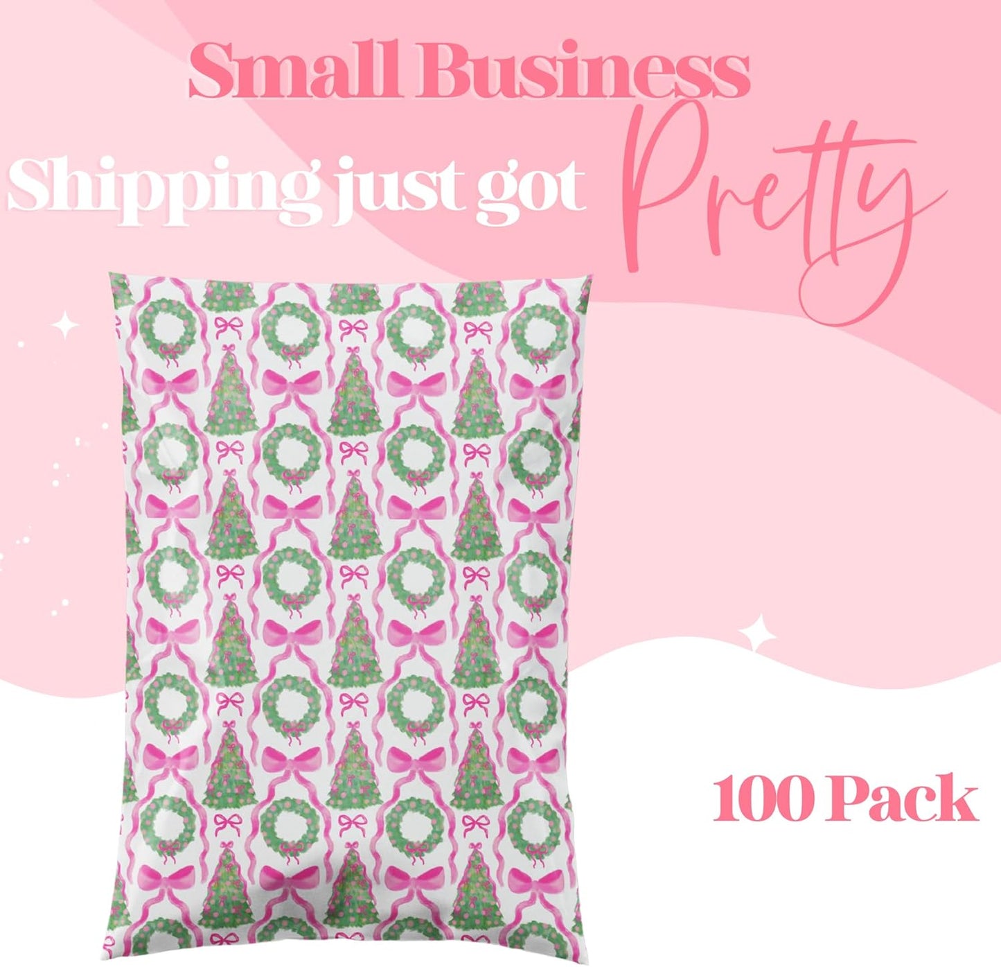 6x9 Designer Poly Mailer 100 Pack Heavy Duty Waterproof Self Seal Shipping Bags for Small Business Large Mailing Envelopes Bulk Tear Resistant Packaging Coquette Christmas Holiday Bows