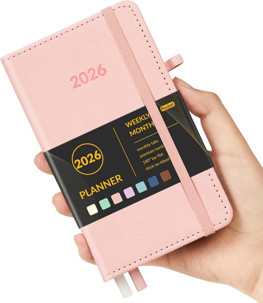 Forvencer Pocket Planner 2026, Weekly Monthly Planners with Month Tabs for Purse, 3.5" x 6", Oct 2025-Dec 2026 (15 Months), Small Daily Academic Calendar, Elastic Band, Hardcover Agenda for Women, Teacher