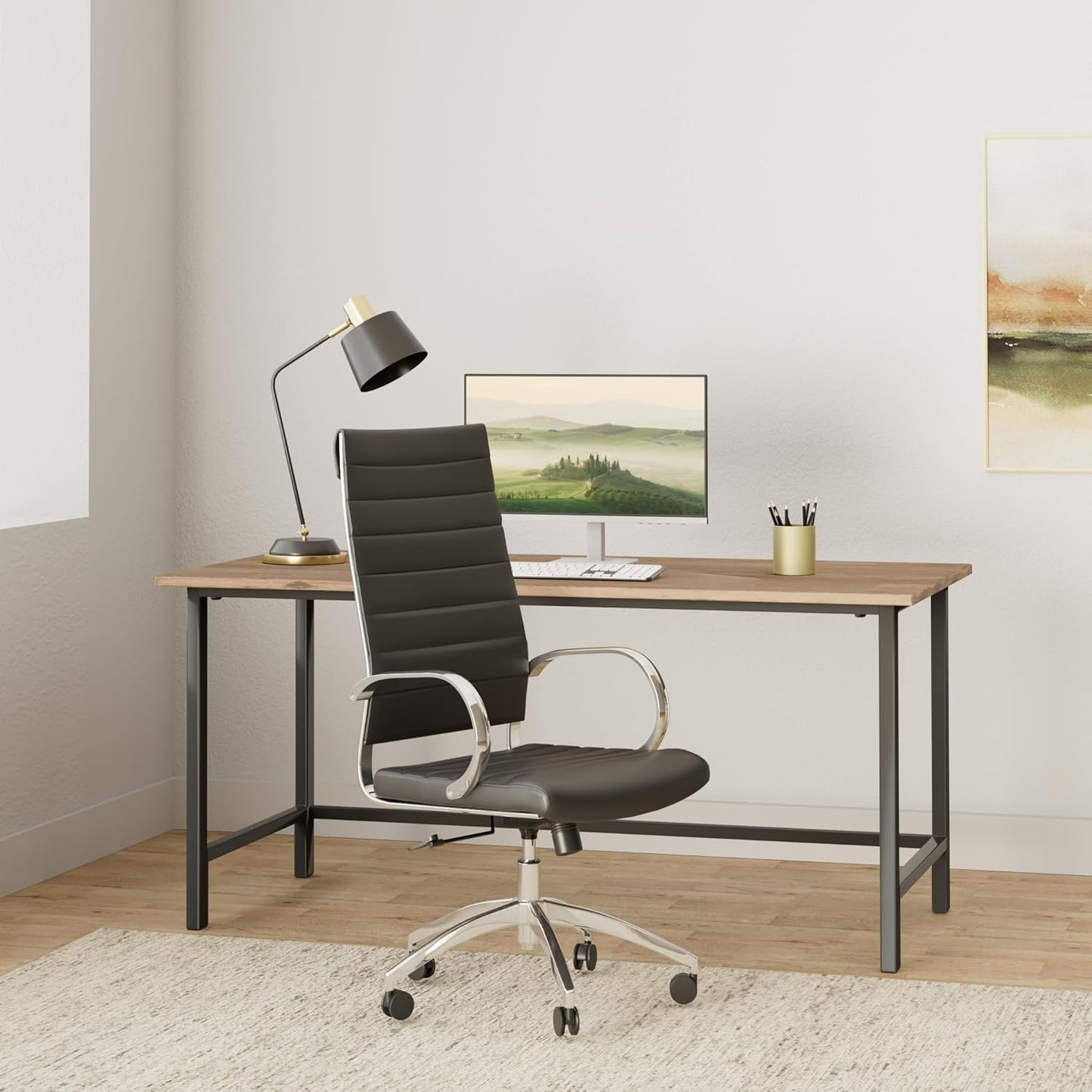 Ribbed High Back Conference Room Chairs - Lumbar Support, Modern Style Executive Chair for Home and Office - 360 Swivel Rolling Wheels - Aluminum Chrome Frame & Base - Black (Pack of 1)