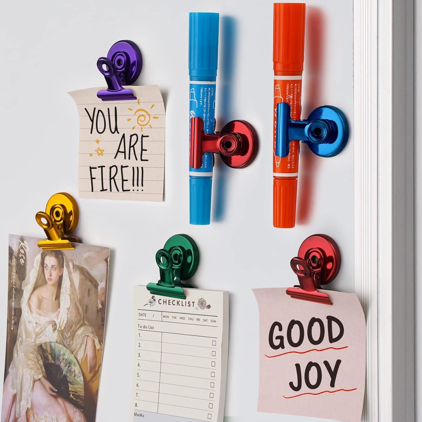 FINDMAG 12 Pack Magnetic Clips for Picture Hanging and Photo Display, Strong Scratch-Free Heavy Duty Magnets for Refrigerator, Whiteboard, Office, Kitchen, Party Use, School