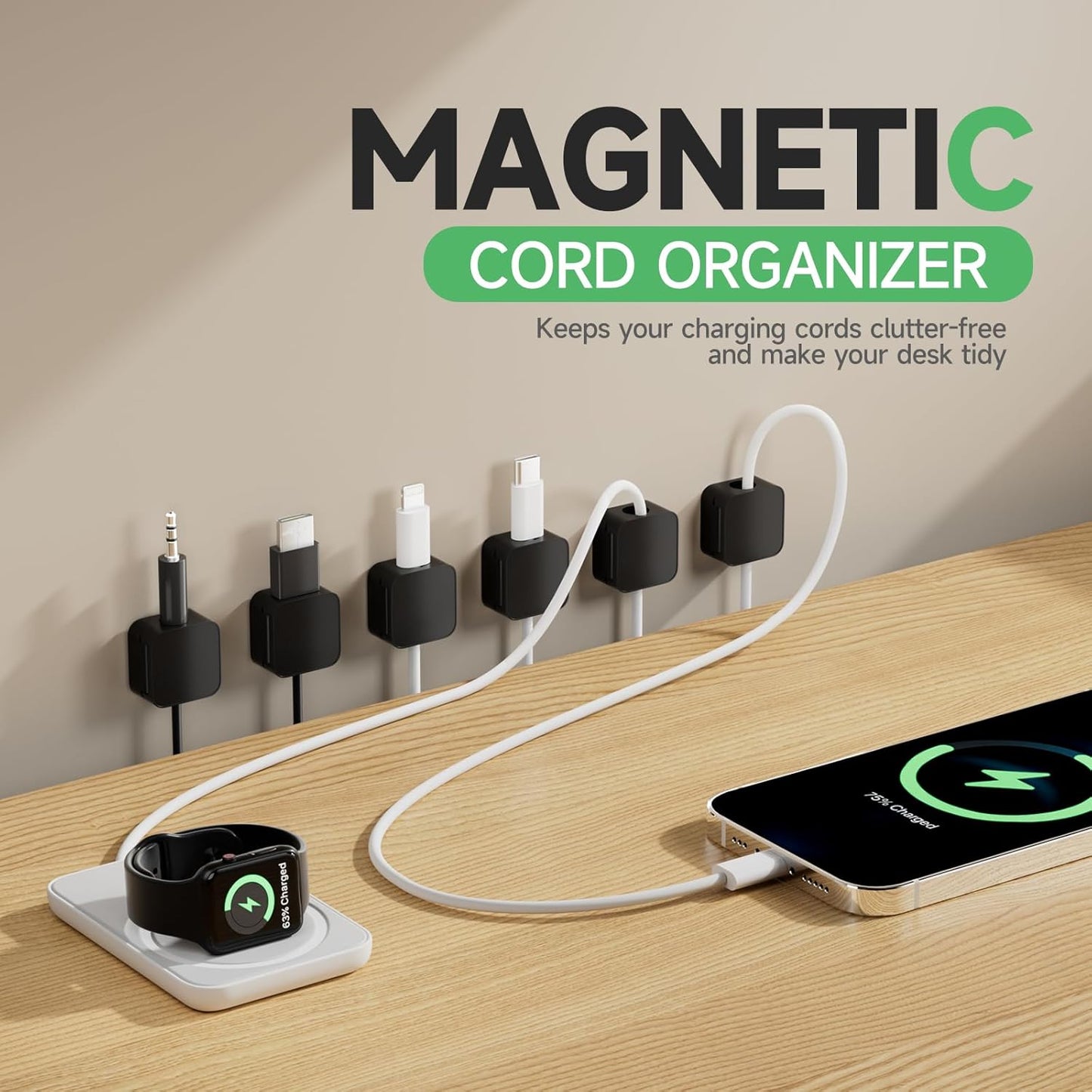6 Black Magnetic Cable Clips,Under Desk Cable Management,Cord Holder for Nightstand Home Office Car Phone Wall,2025 Adhesive Cord Organizer[0.45" in Ht Save Space/Versatile for Wire Up to 0.27" OD]