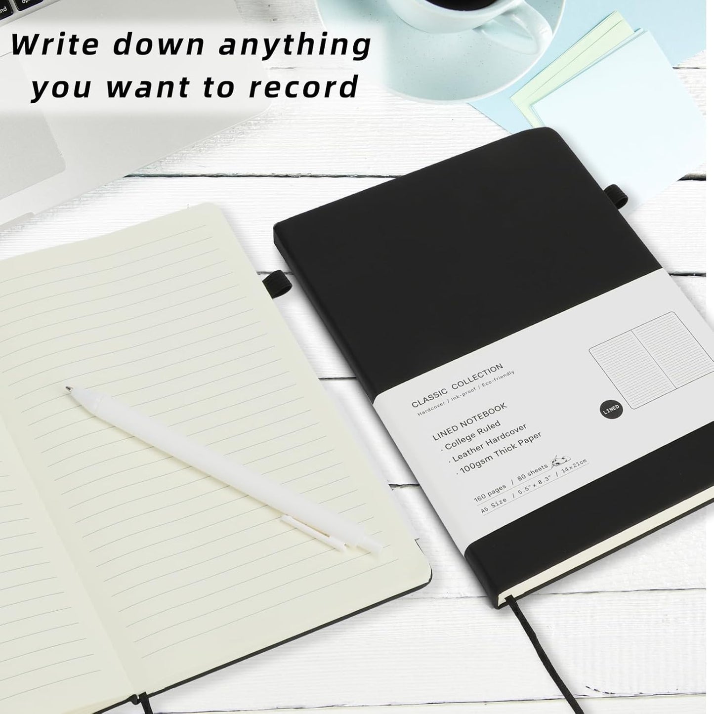 Coopay 12 Pack A5 Journal Notebook with 12 White Pens Bulk Classic Ruled Hardcover Leather Journal Set with Pen Holder for Men Women Writing Office Home School Business, 100GSM, 8.3” x 5.5” (Black)