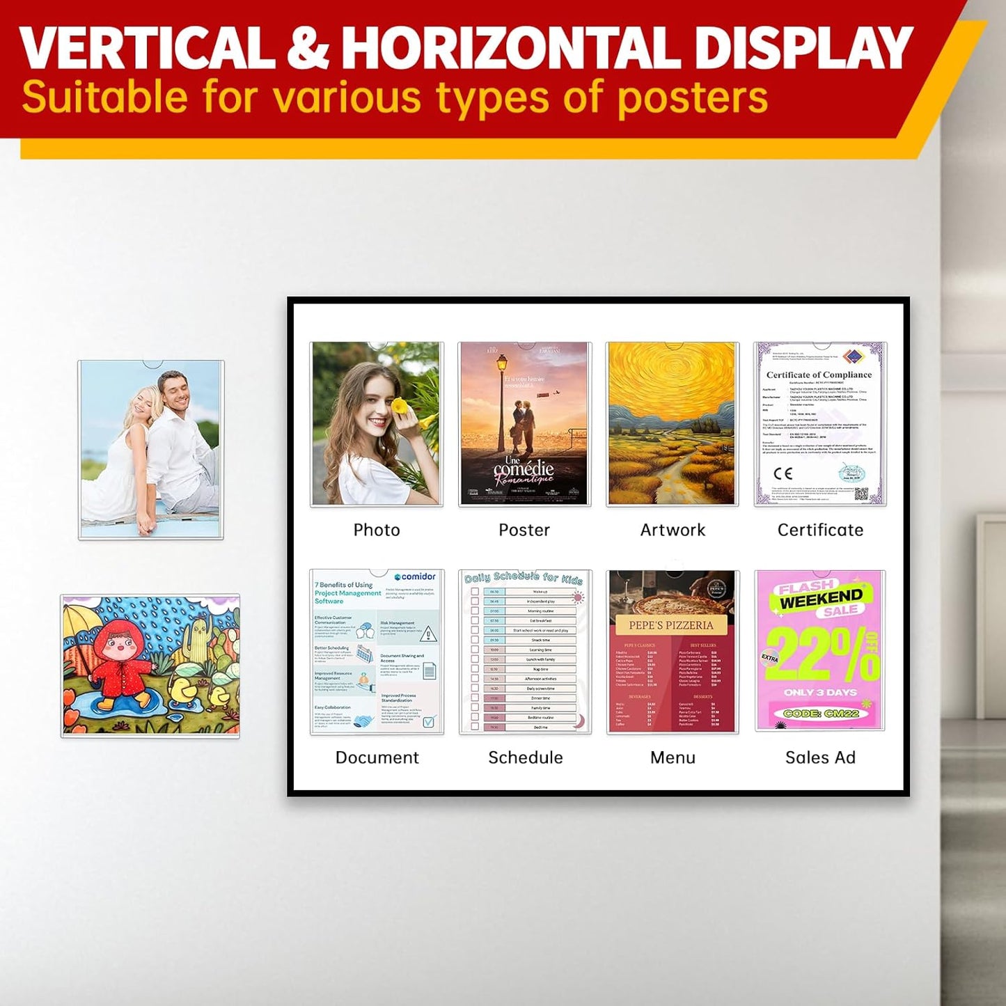 Magnetic Sign Holder 8.5 x 11 - Clear Plastic Frame for Refrigerator, Rigid Paper Holder for Picture Document, Adhesive Frames for Wall Window Door Sign 20 Pack