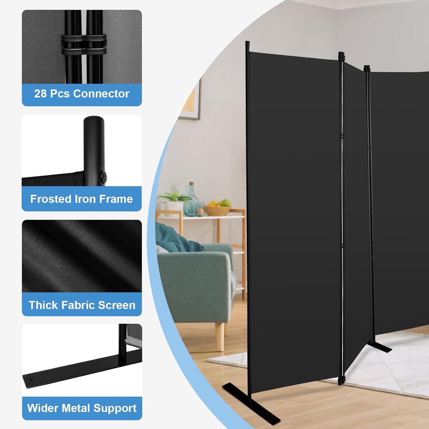 MAYOLIAH 8-Panel Black Room Divider 6ft Tall Folding Privacy Screen Portable Office Partition 160" W X 72" H