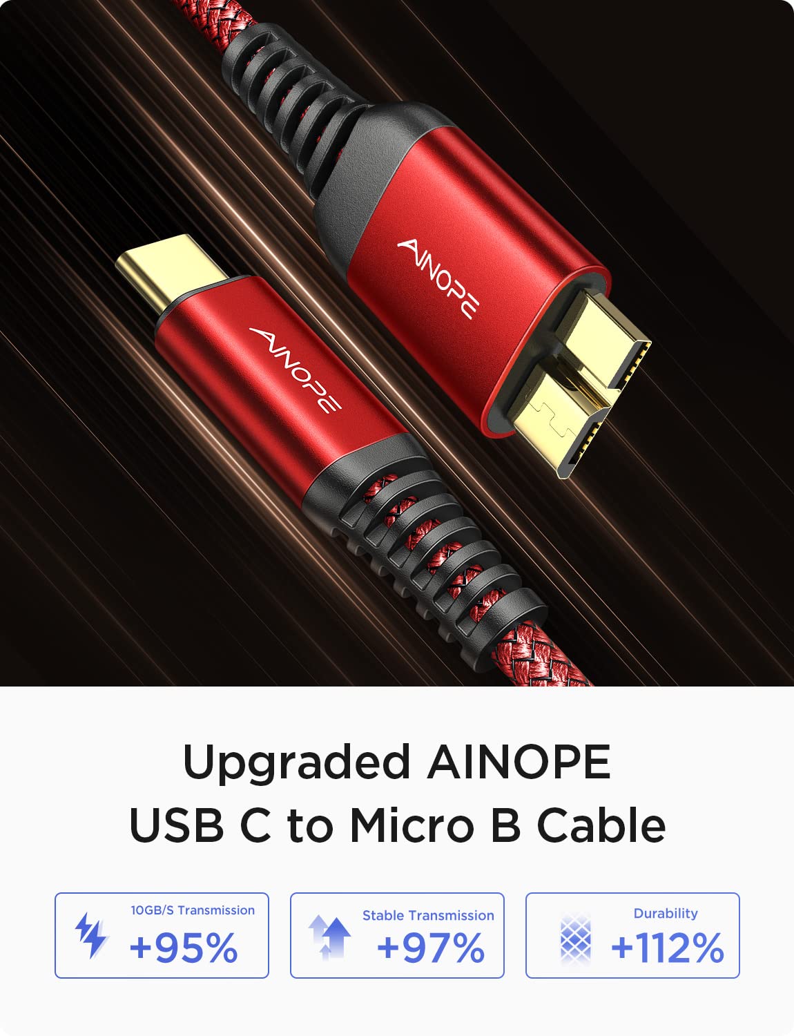AINOPE 10Gbps Micro B to USB C Hard Drive Cable, [Nylon Braided] USB C to Micro B Cord, USB C to External Hard Drive Cable for Seagate WD Westgate, iPhone 16 Pro MacBook Air M2 Pro, 1.6FT, Red