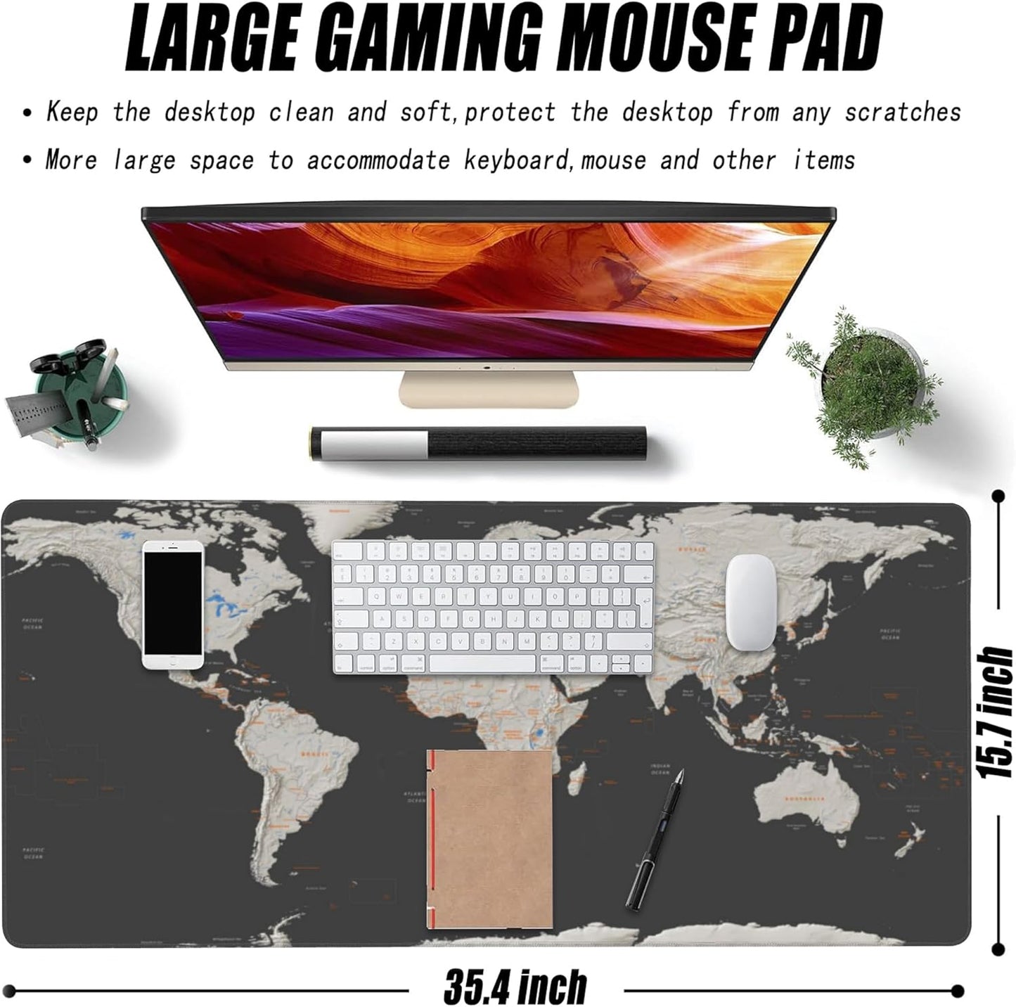 Desk Mat, Vintage World Map Extended Large Gaming Mouse Pad XXL, Non-Slip Rubber Base Stitched Edges Long Computer Keyboard Desk Pad Mouse Mat for Home Office Gaming 35.4"X15.7"