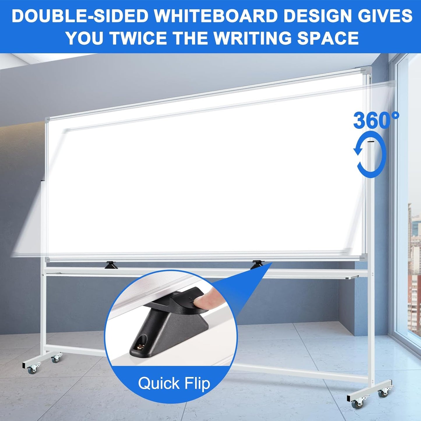 96"x48" Large Magnetic White Board Dry Erase Whiteboard with Rolling Stand 8’x4’ Double-Sided Mobile White Boards on Wheels, Including 3 Magnetic Erasers, 7 Markers, 30 Magnets