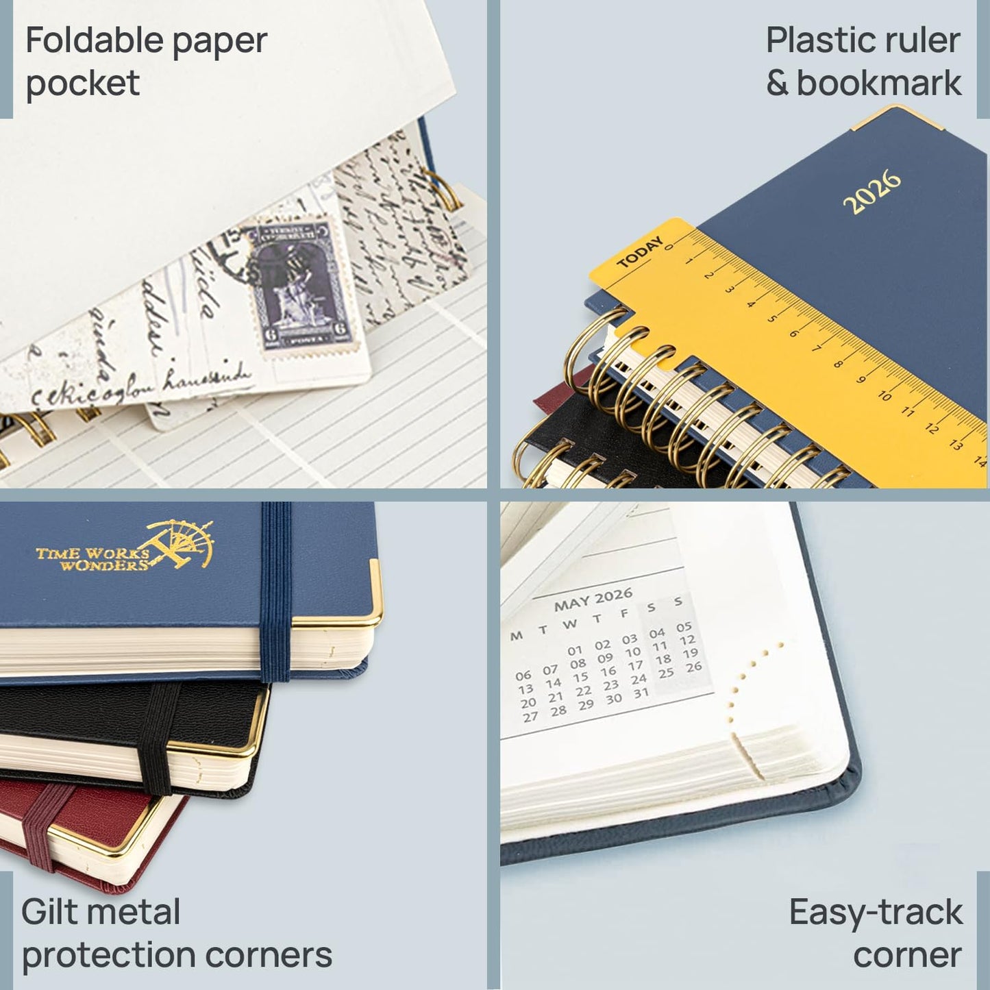 POPRUN 2026 Daily Planner One Page A Day - [A4 Large Size 8.25" x 12" -Spiral Hard Cover], Agenda 2026 Hourly Appointment Book with Monthly Calendar, Pen Holder, Ivory Paper -Violet