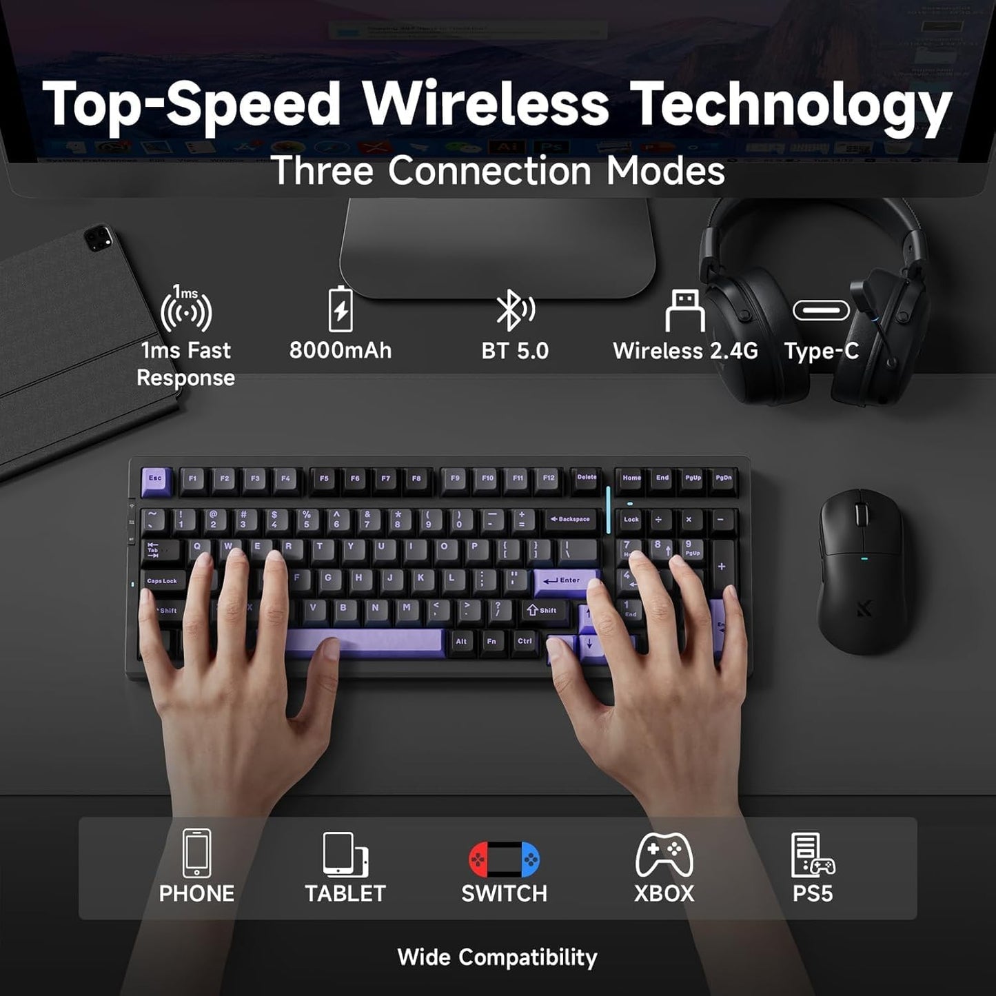 G98 PRO Wireless Mechanical Keyboard, Tri-Mode Connection Gaming Keyboard, Hot Swappable Custom Gasket Structure, Pre-lubed Linear Switches, Double Shot PBT Keycaps RGB LED Backlit Purple&Black