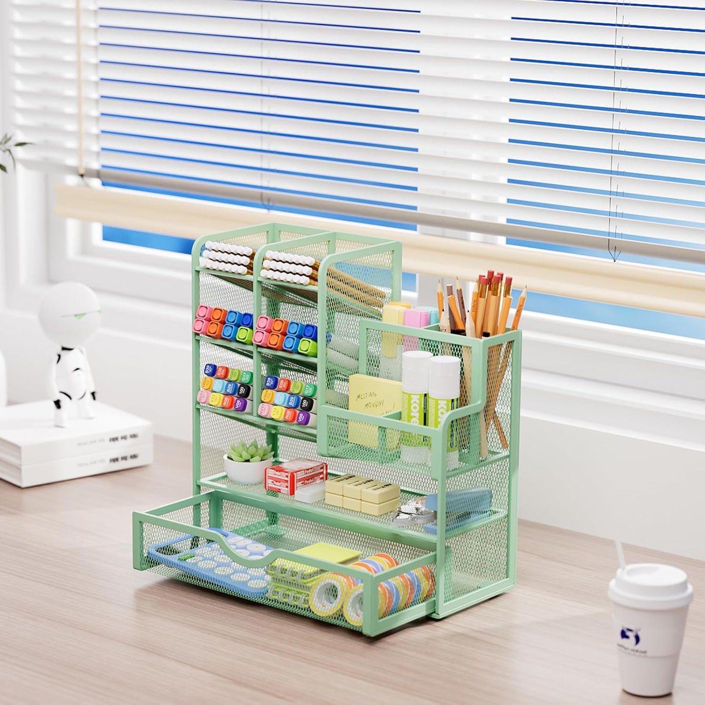 Marbrasse Mesh Pen Holder for Desk, Multi-Functional Pencil Organizer with Drawer, Desk Organizers and Accessories for Office Art Supplies (Green)