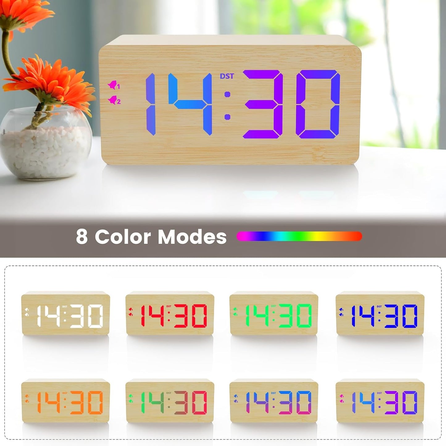 Wooden Digital Alarm Clock with Fast Wireless Charger, Dual USB Charging Ports, DST, Dimmable, Snooze, RGB Large Number Display LED Clock for Bedrooms, Living Room, Desk, Table, Bedside(Bamboo)