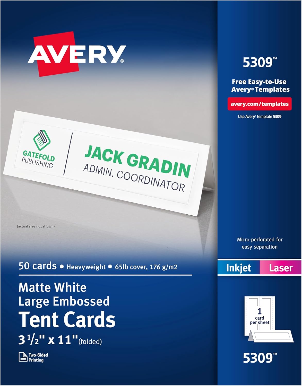 Avery Printable Tent Cards, 3.5" x 11", White with Embossed Border, 50 Blank Place Cards for Laser and Inkjet Printers (5309)