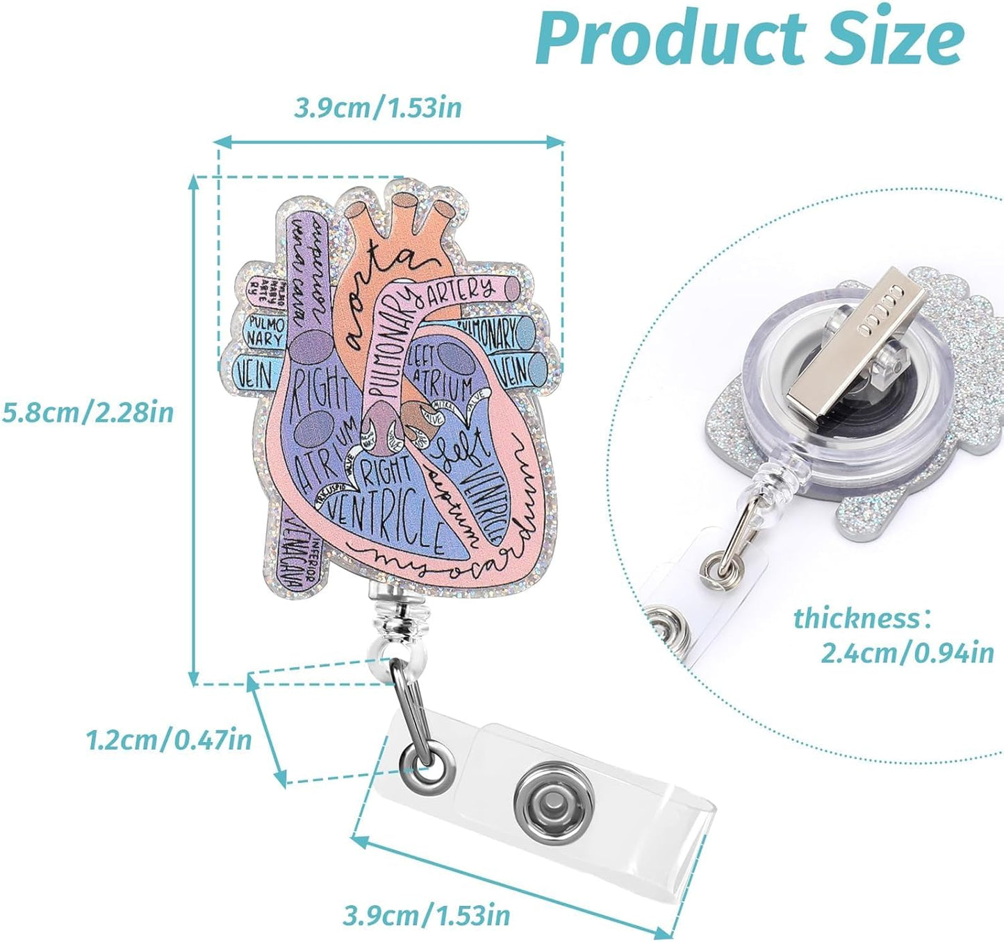 2Pcs Cardiac Badge Holder Heart Retractable Reel ID Card Funny Clip Anatomy Nurse Name Tag Holder Pediatrics Nursing Badge Clips for Medical Assistant Doctor Student Teacher Office Clinic